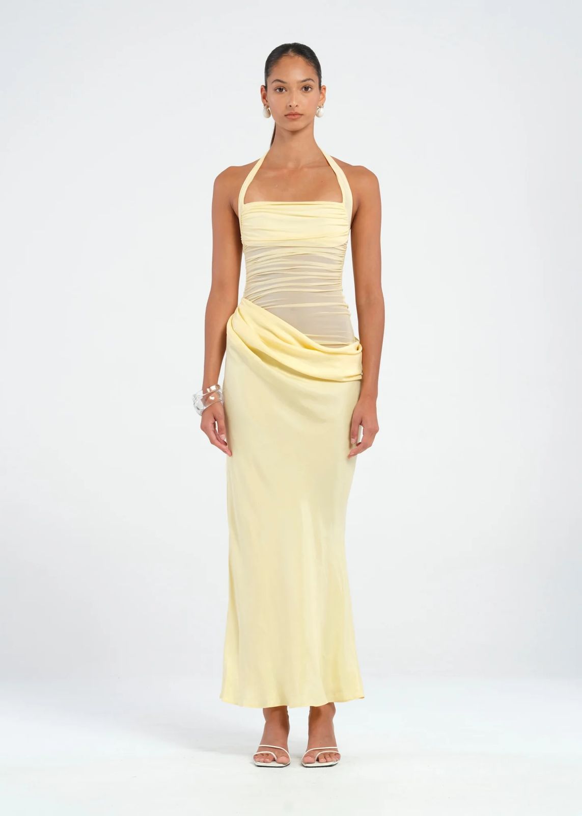 Halter Neck Ruched Mesh Panel Draped Waist Column Maxi Dress