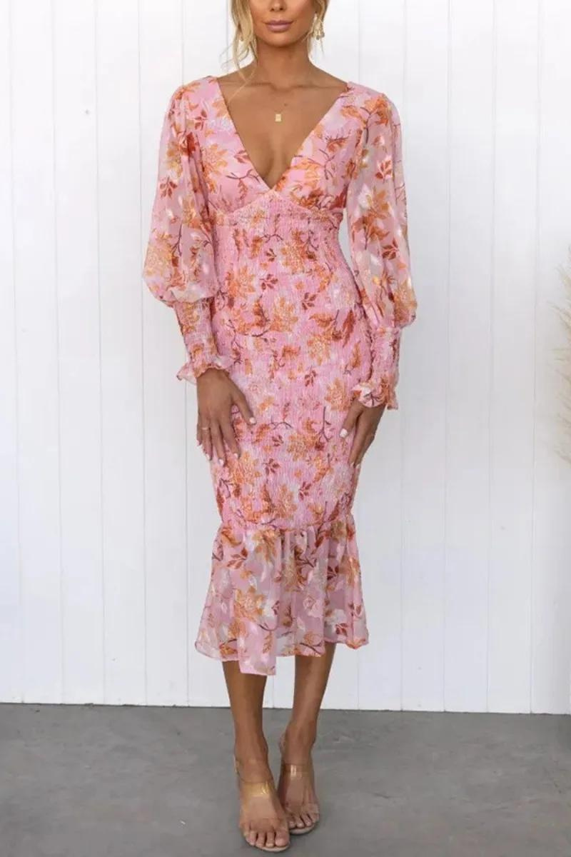 Floral Print Deep V-Neck Balloon Sleeve Smocked Trumpet Hem Midi Dress 7
