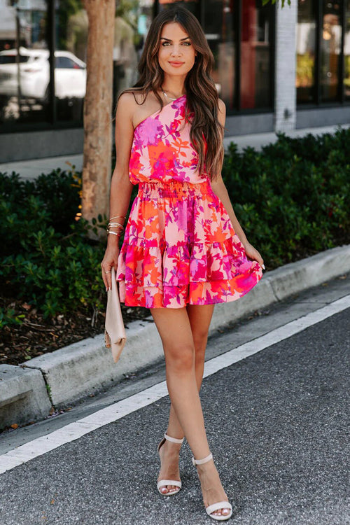 One Shoulder Floral Print Ruched Wrap Mini Dress 3