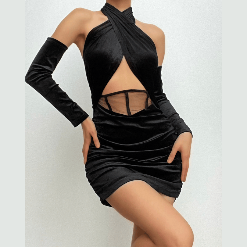 Velvet Halter Wrap Corset Mesh Panel Ruched Mini Dress With Sleeves