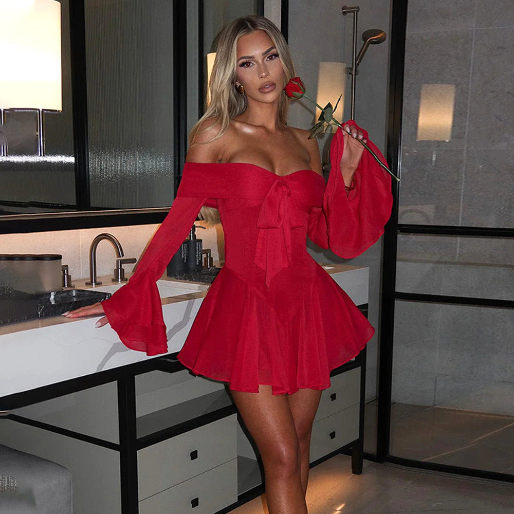 Off Shoulder Bow Front Bell Sleeve Flared Skater Mini Dress