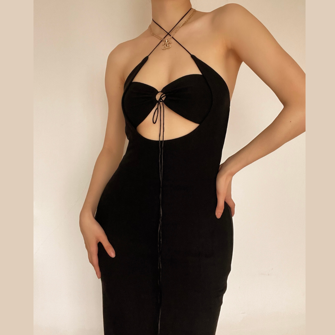 Halter Neck Cutout Gathered Bust String Detail Bodycon Maxi Dress 2