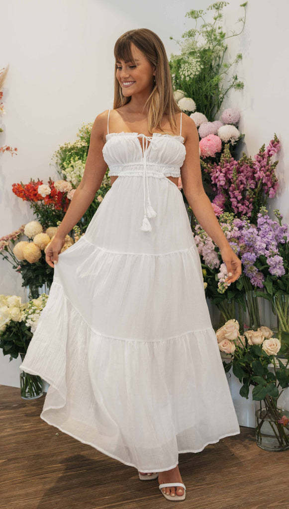 Spaghetti Strap Smocked Tie Tassel Side Cutout Tiered Crinkle Maxi Dress 2