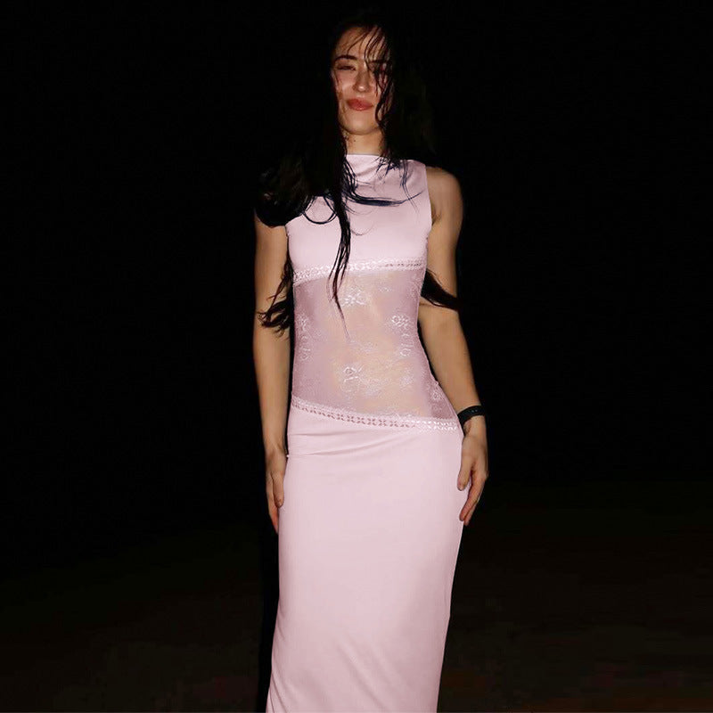 High Neck Sheer Lace Panel Embroidered Trim Bodycon Column Maxi Dress