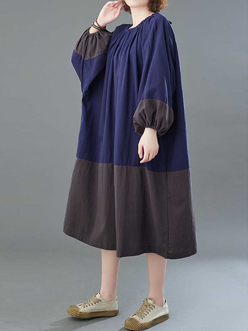 Gathered Neck Colorblock Lantern Sleeve Midi Dress 3