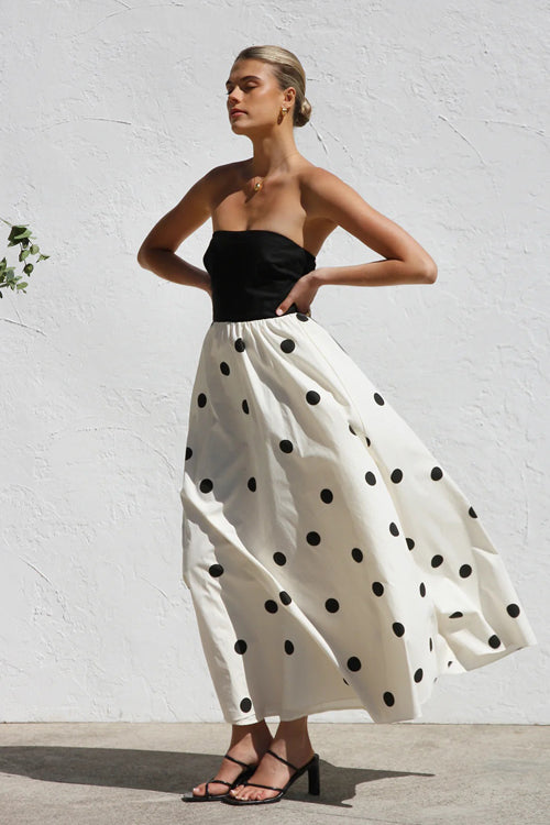 Strapless Polka Dot Gathered Waist Tiered Maxi Dress 3