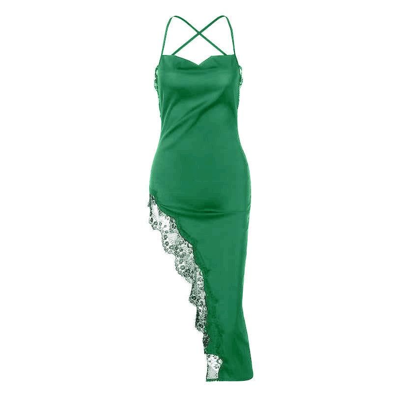 Cowl Neck Crisscross Strap Lace Trim Asymmetrical Hem Satin Midi Dress 7