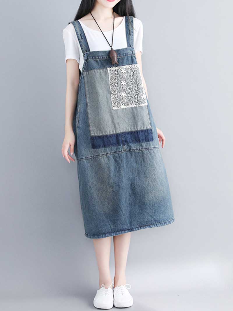Patchwork Lace Panel Denim Pinafore Overall Midi Dress