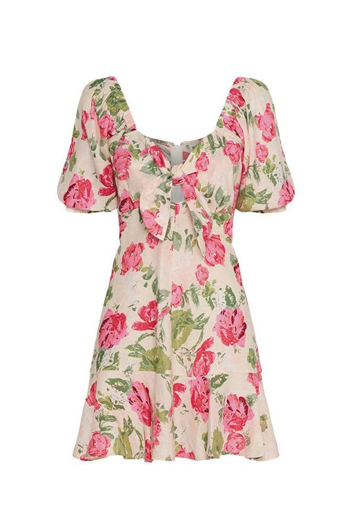 Sweetheart Tie Front Puff Sleeve Ruffle Hem Print Mini Dress 4