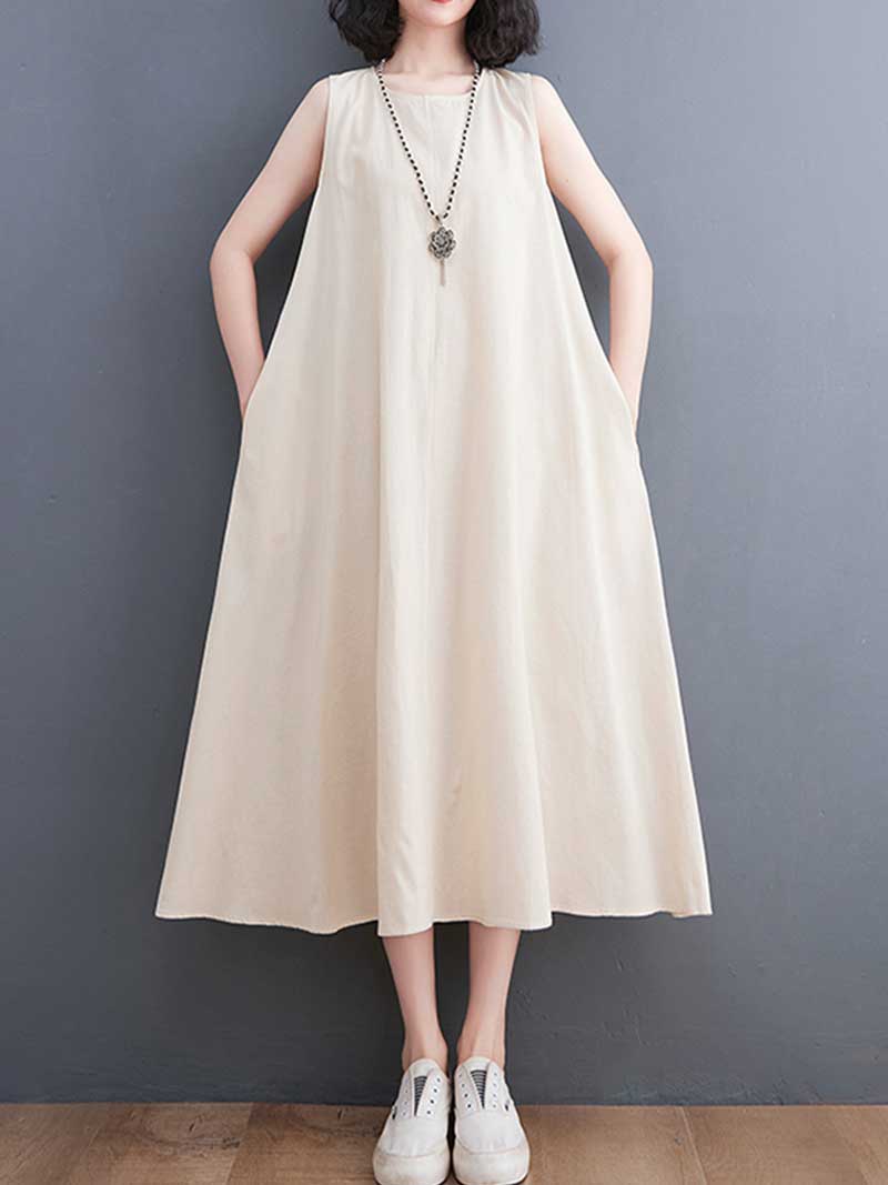 Round Neck Sleeveless Side Pocket Loose A Line Maxi Dress