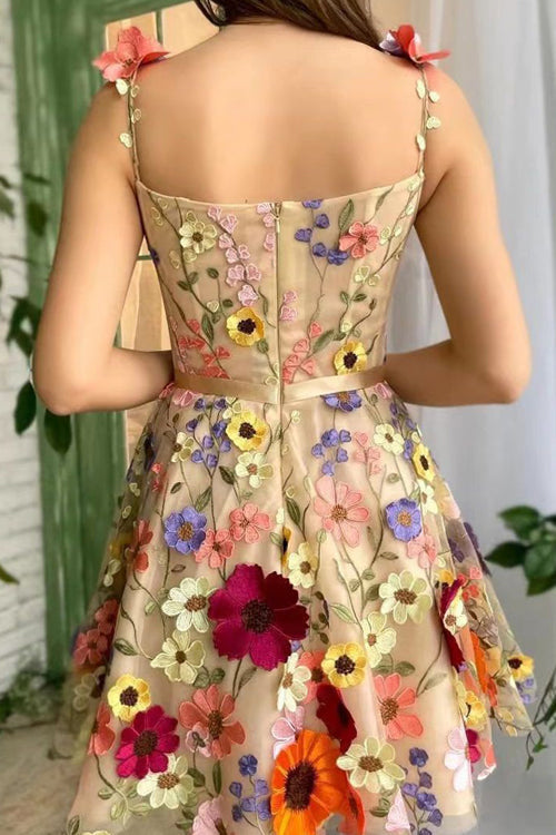Square Neck Spaghetti Strap 3D Floral Applique Sheer Mesh Mini Dress 3