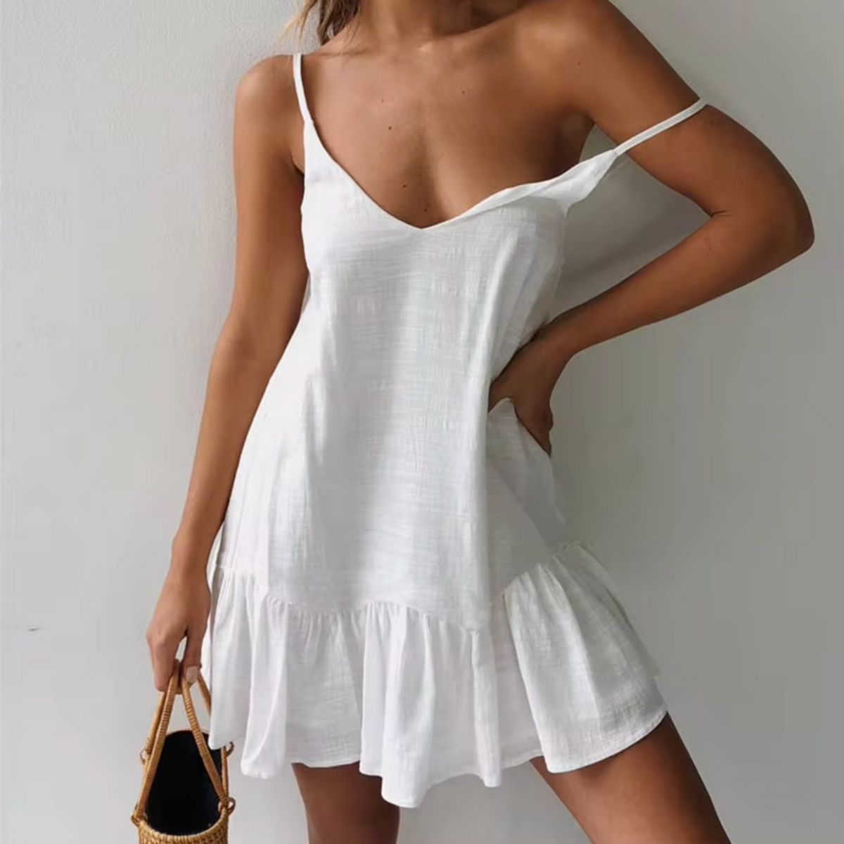 Spaghetti Strap V-Neck Ruffle Hem Linen-Look Mini Dress 3