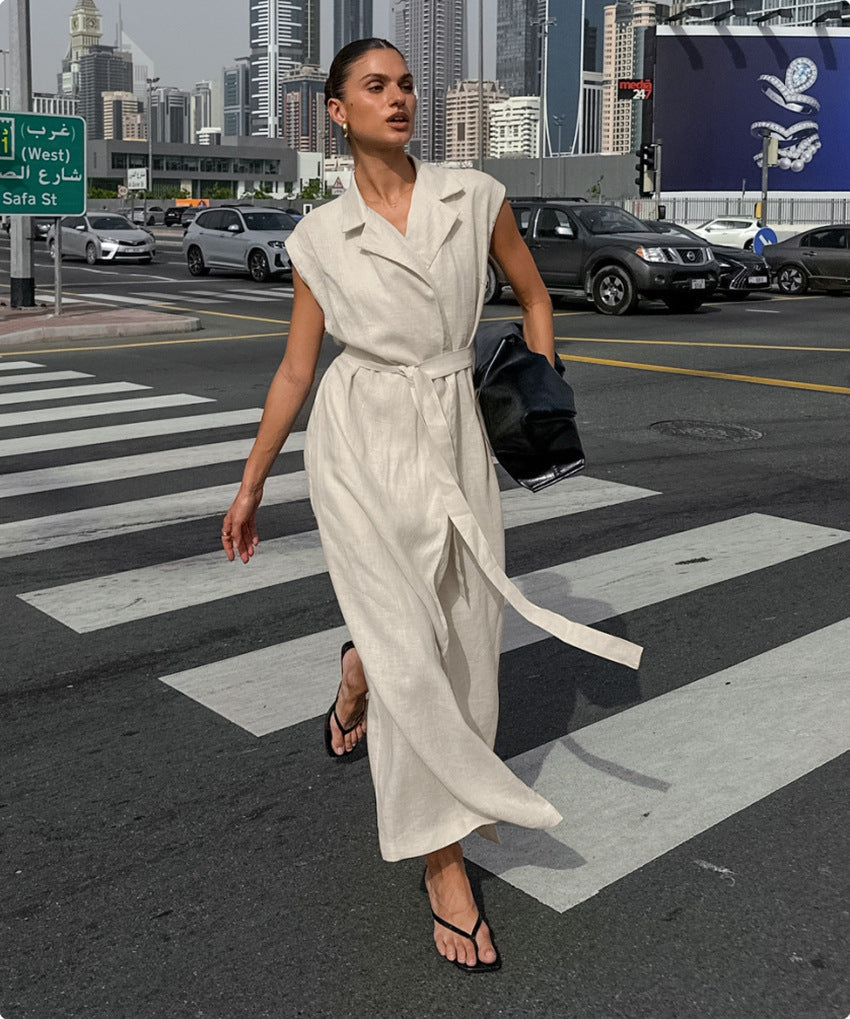 Square Neck Spaghetti Strap Pleated Waist Belted Midi Dress