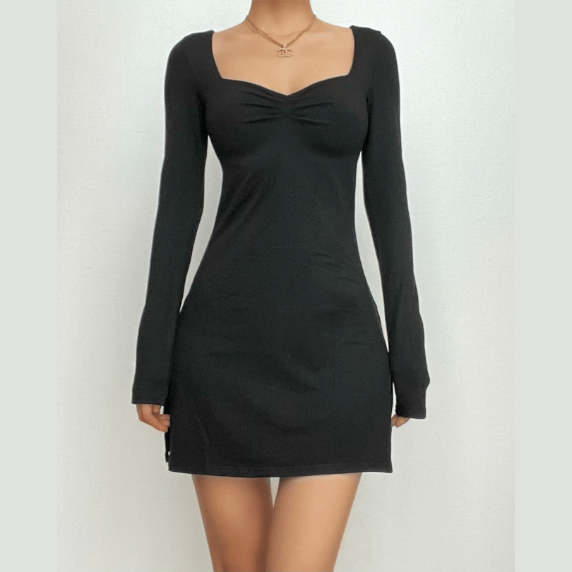Square Neck Ruched Bust Long Sleeve Bodycon Mini Dress