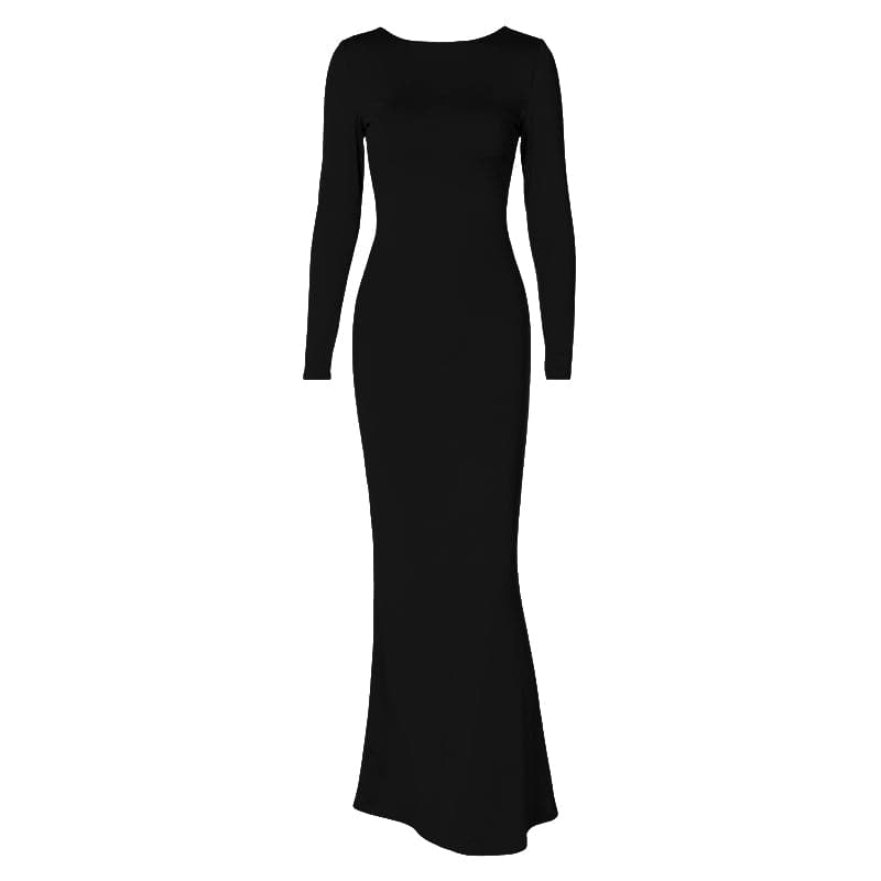 Crew Neck Long Sleeve Lace-Up Back Bodycon Mermaid Hem Maxi Dress 2