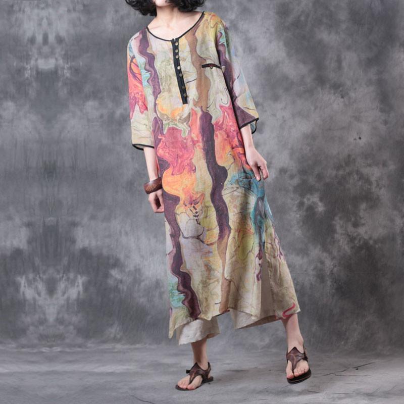 Scoop Neck Colorblock Patchwork Oversized Linen Midi Dress 3