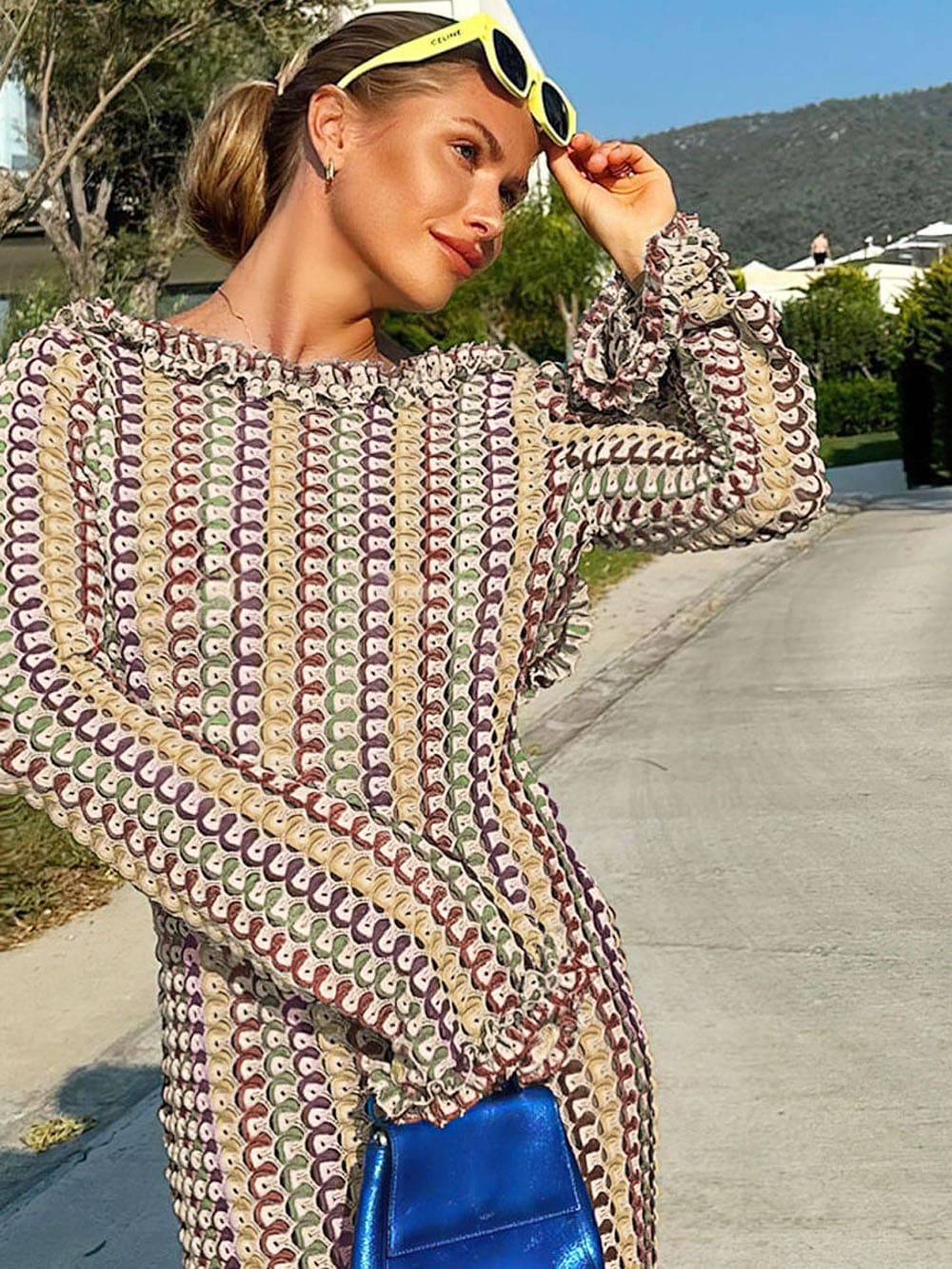 Crochet Scallop Stripe Ruffle Boat Neck Long Sleeve Mini Dress