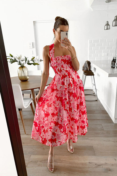 Square Neck Smocked Tiered Ruffle Floral Midi Dress 3