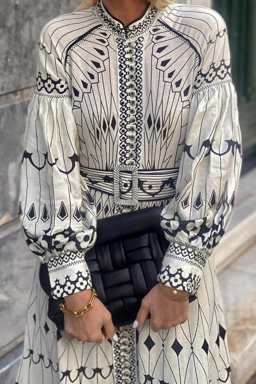 Mandarin Collar Button Front Puff Sleeve Belted Ornamental Print Midi Dress 4