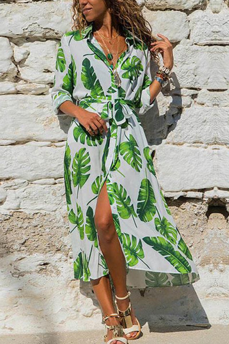 Tropical Botanical Print Collared Button-Front Tie-Waist Maxi Shirt Dress 2