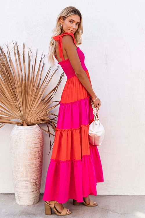 Smocked Square Neck Shoulder Tie Bow Tiered Ruffle Maxi Dress 2
