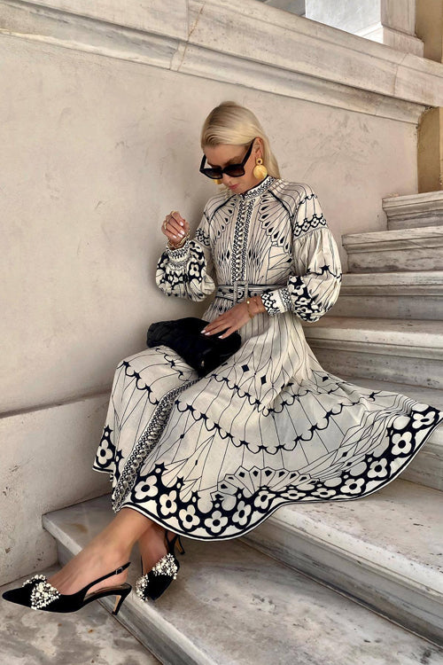Mandarin Collar Button Front Puff Sleeve Belted Ornamental Print Midi Dress 3