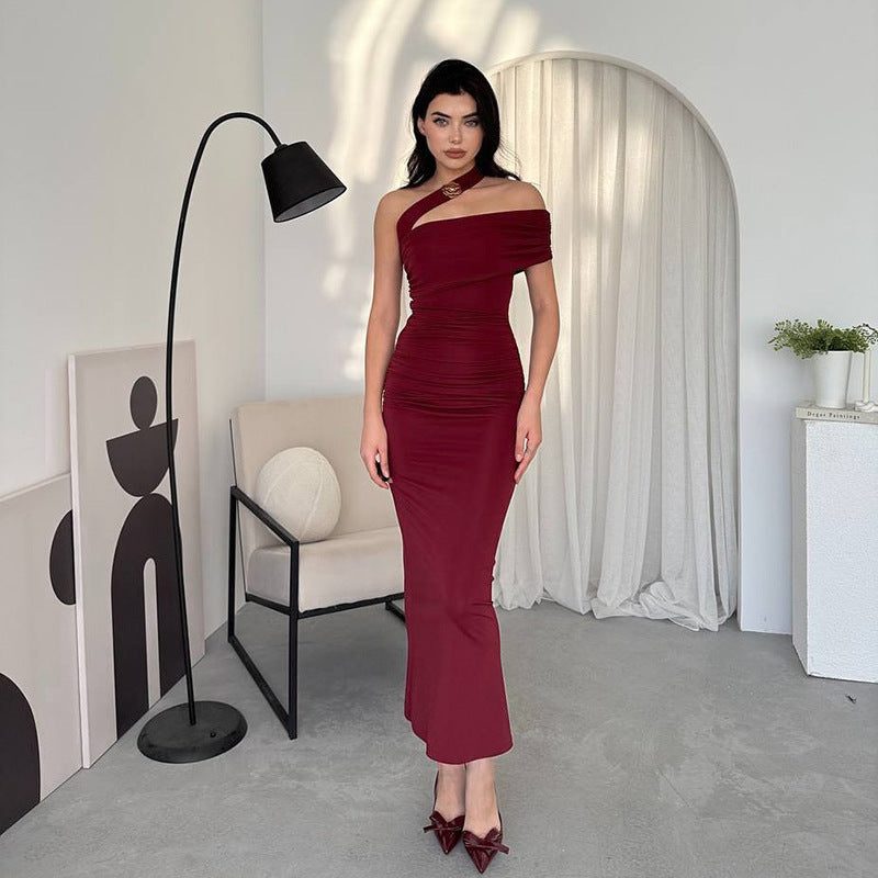One Shoulder Cutout Ruched Draped Column Maxi Gown