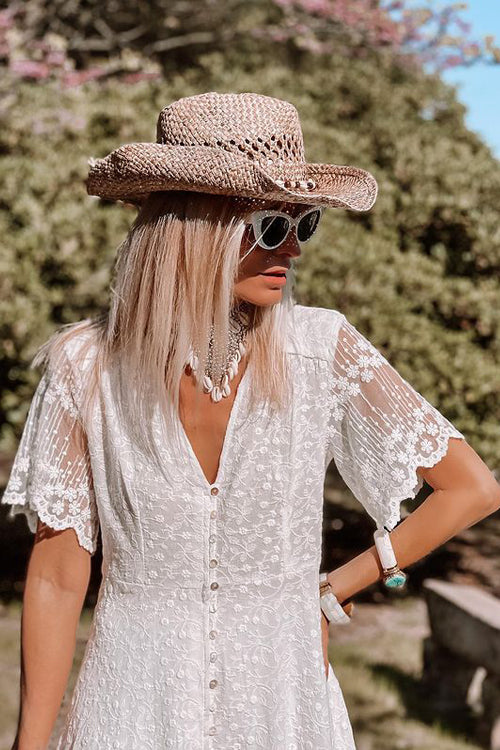 Deep V Neck Short Lace Sleeve Button Front High Low Ruffle Embroidered Maxi Dress 4