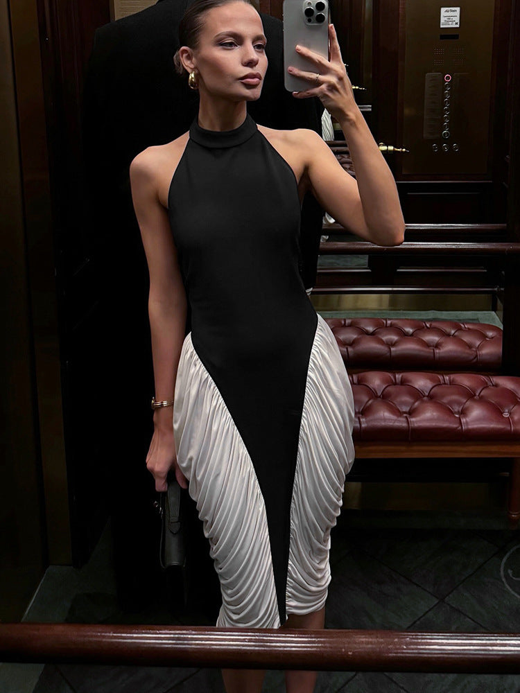 Halter Neck Contrast Panel Ruched Side Drape Midi Dress