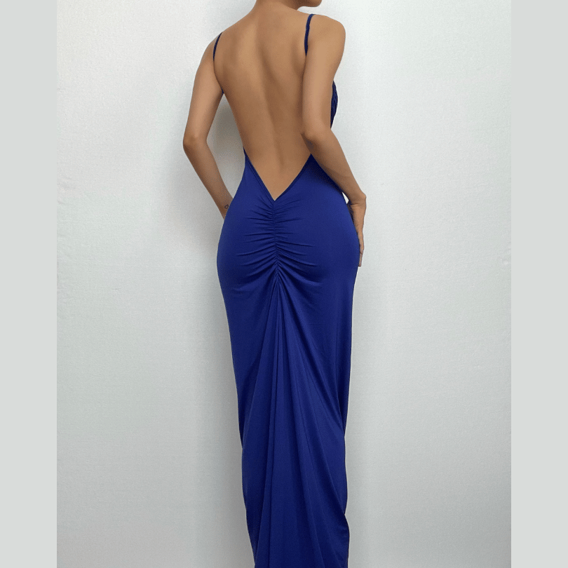 Spaghetti Strap Plunging Backless Ruched Bodycon Maxi Dress
