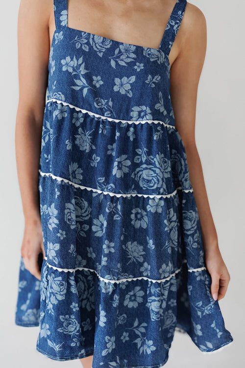 Square Neck Wide Strap Tiered Scalloped Rick Rack Floral Mini Dress