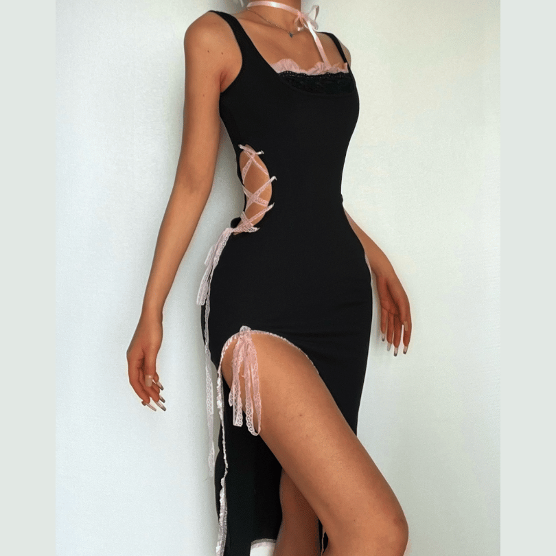 Sleeveless Lace-Up Cutout Asymmetric Hem Midi Dress