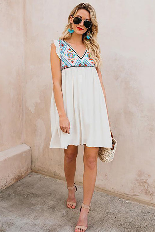 Deep V Neck Ruffle Trim Geometric Print Babydoll Mini Dress 2