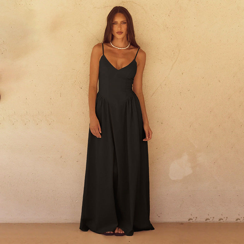 Spaghetti Strap V Neck Dropped Waist Gathered Front Slit Maxi Dress