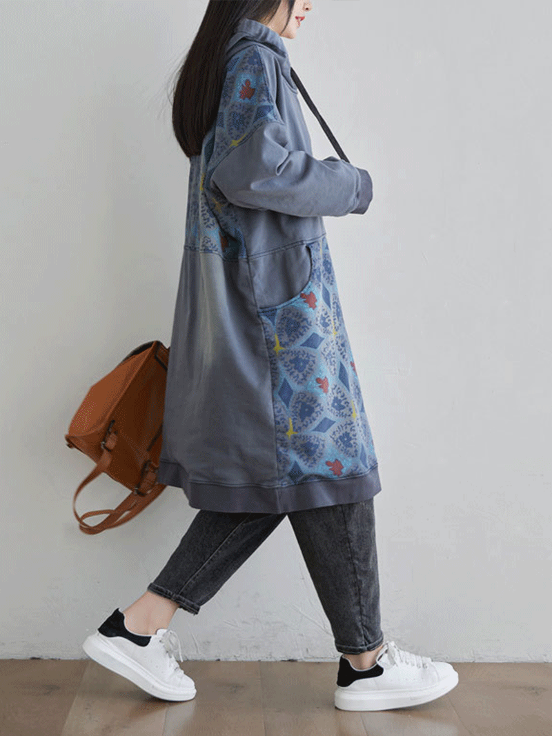 Hooded Kangaroo Pocket Geometric Print Oversized Mini Sweatshirt Dress 4