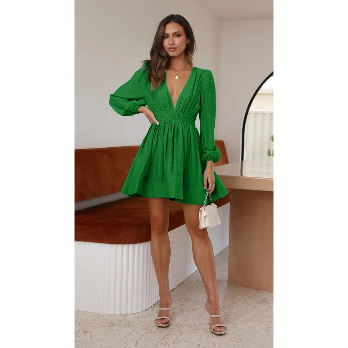 Mock Neck Ruched Cutout Bodycon Mini Dress