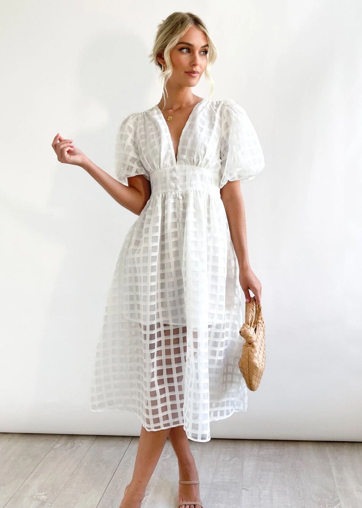 Plunge V-Neck Puff Sleeve Button Front Grid Texture Midi Dress