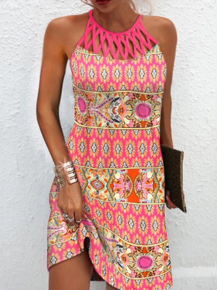 Lattice Halter Bohemian Stripe Print Sleeveless Shift Mini Dress 2