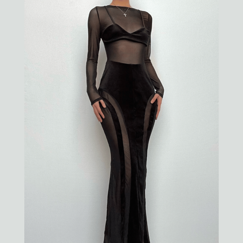 Mesh Patchwork Velvet Paneled Long Sleeve Maxi Dress