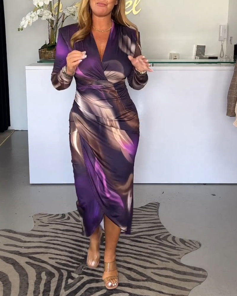 V Neck Abstract Marbled Draped Wrap Midi Dress 2
