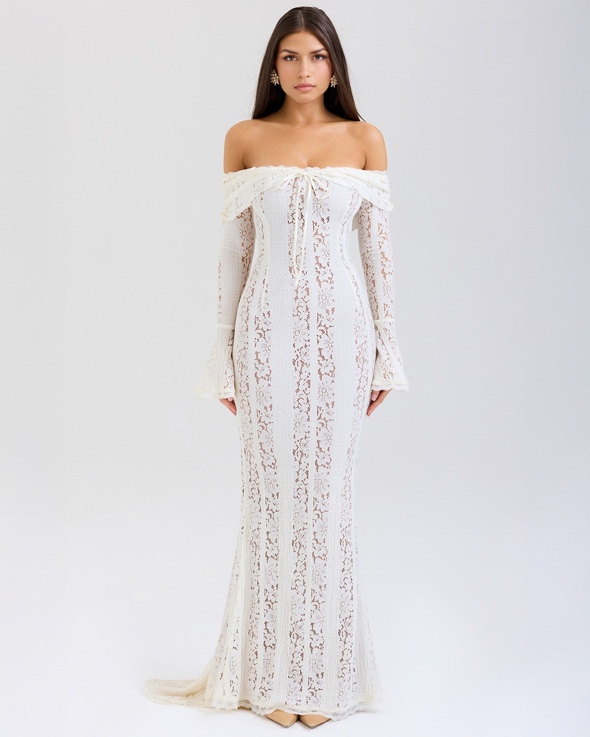 Off Shoulder Lace Ruffle Collar Bell Cuff Mermaid Maxi Gown