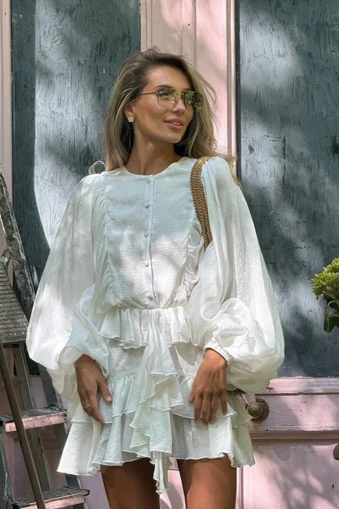 Button Front Round Neck Lantern Sleeve Tiered Ruffle Mini Dress 3