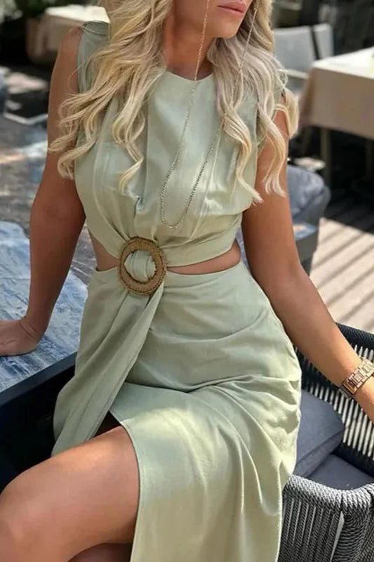 Ring Detail Waist Cutout Split Hem A-Line Midi Dress 2