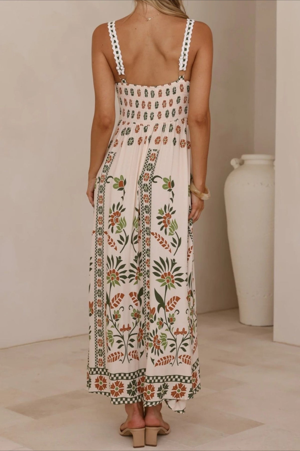 Scalloped Trim Square Neck Panel Print Border Hem Maxi Dress 9