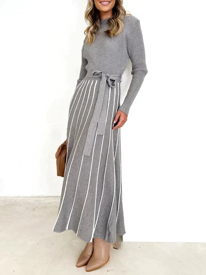 Mock Neck Long Sleeve Rib Knit Tie Waist Striped Flared Midi Dress 2
