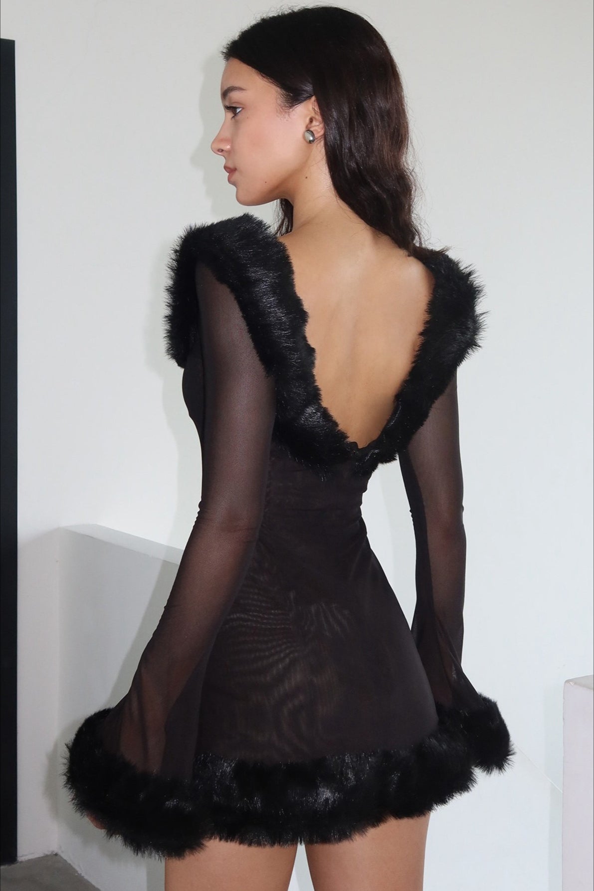 Scoop Neck Faux Fur Trim Sheer Mesh Long Sleeve Bodycon Mini Dress 4