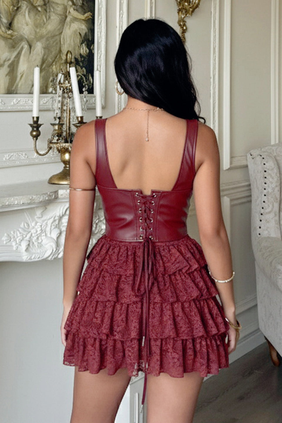 Faux Leather Corset Heart Button Lace Tiered Ruffle Mini Dress 3