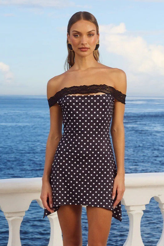 Black Off Shoulder Lace Trim Polka Dot Bodycon Mini Dress