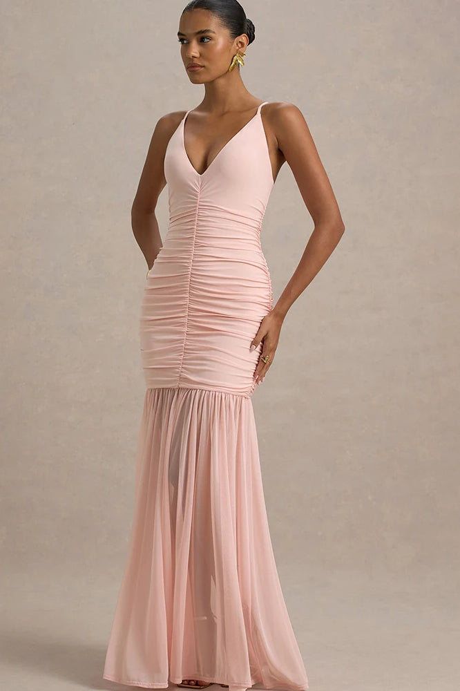 Deep V-Neck Spaghetti Strap Ruched Sheer Mesh Skirt Maxi Dress 5