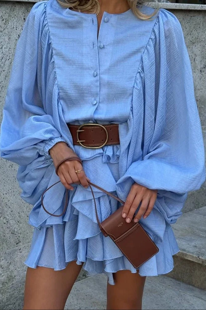 Button Front Round Neck Lantern Sleeve Tiered Ruffle Mini Dress 6